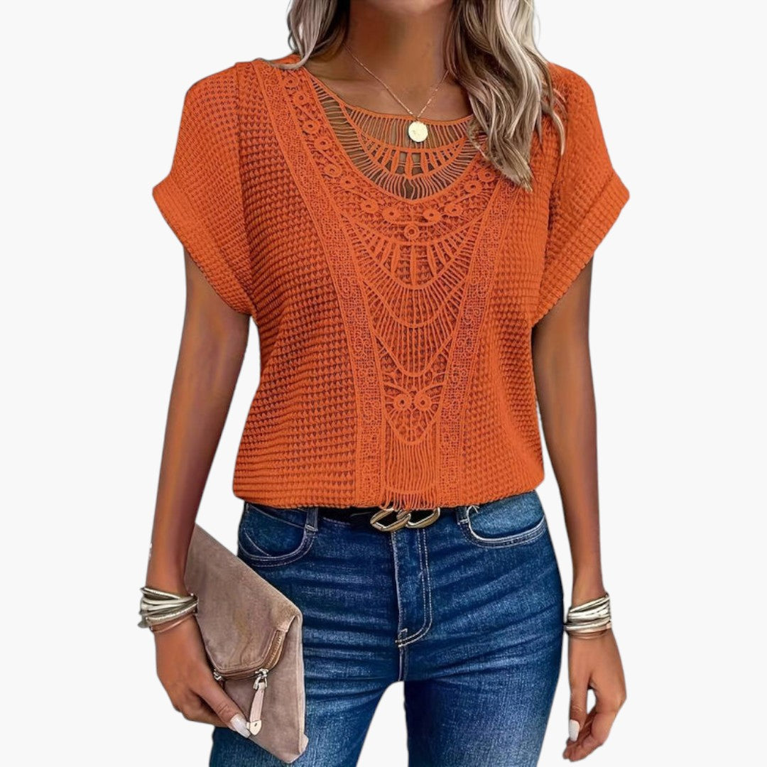 Women’s Round Neck T-Shirt with Elegant Lace Panel Detail