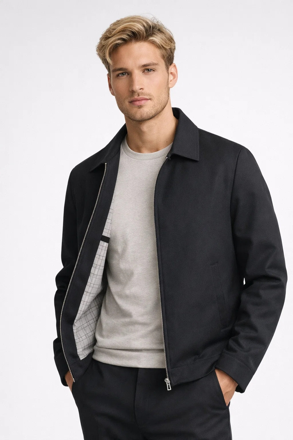 Men's Zip-Front Collared Jacket with Check Pattern Lining