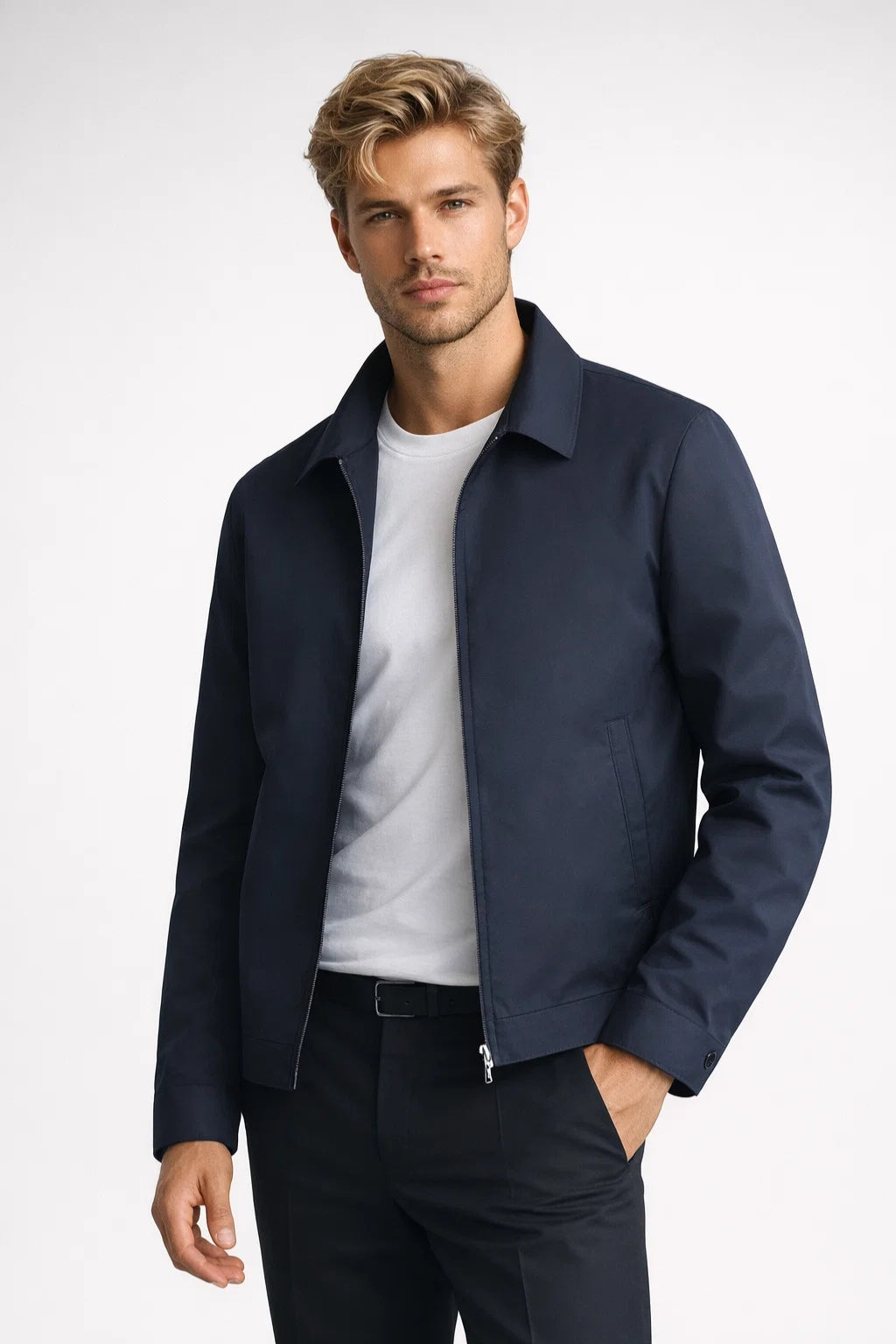 Men's Zip-Front Collared Jacket with Check Pattern Lining
