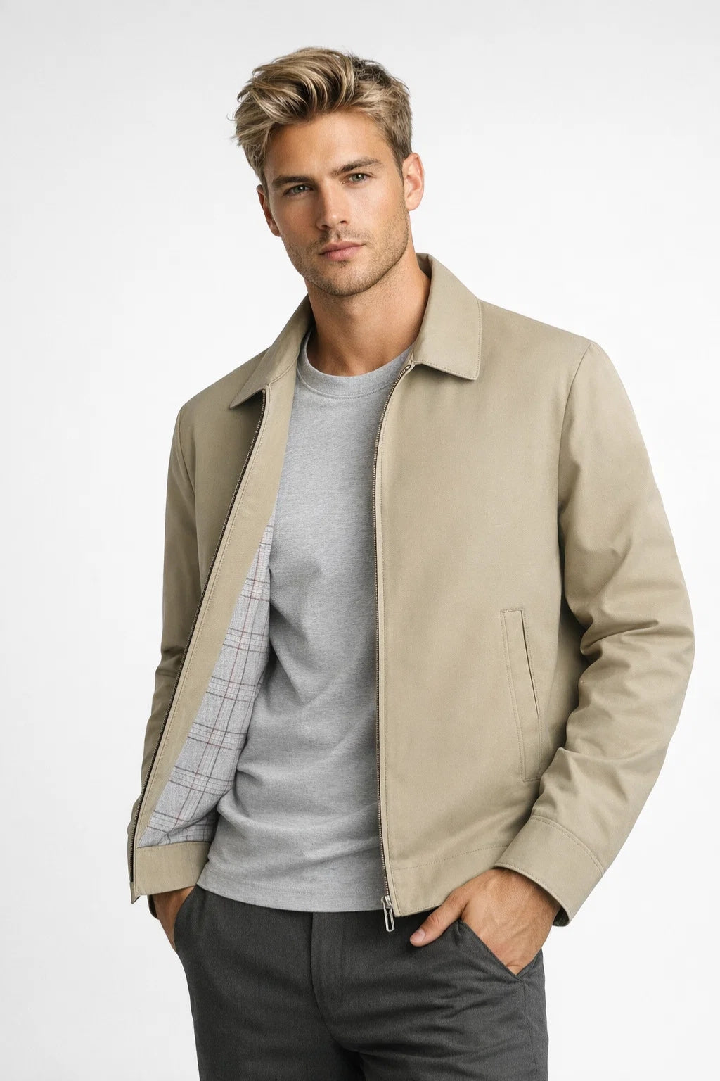 Men's Zip-Front Collared Jacket with Check Pattern Lining