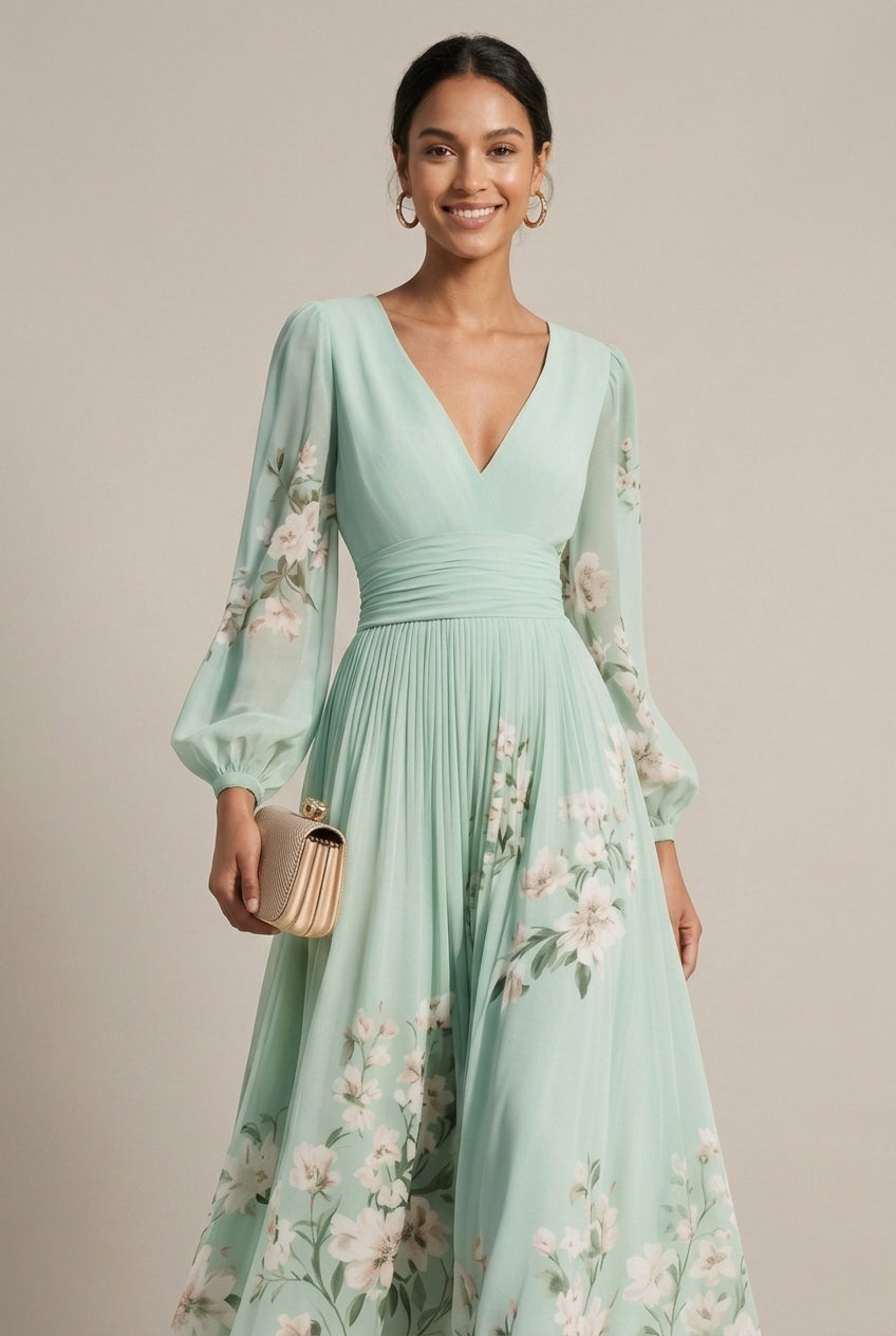 Robe maxi à manches évêque avec imprimé floral en bordure et décolleté en V pour femmes