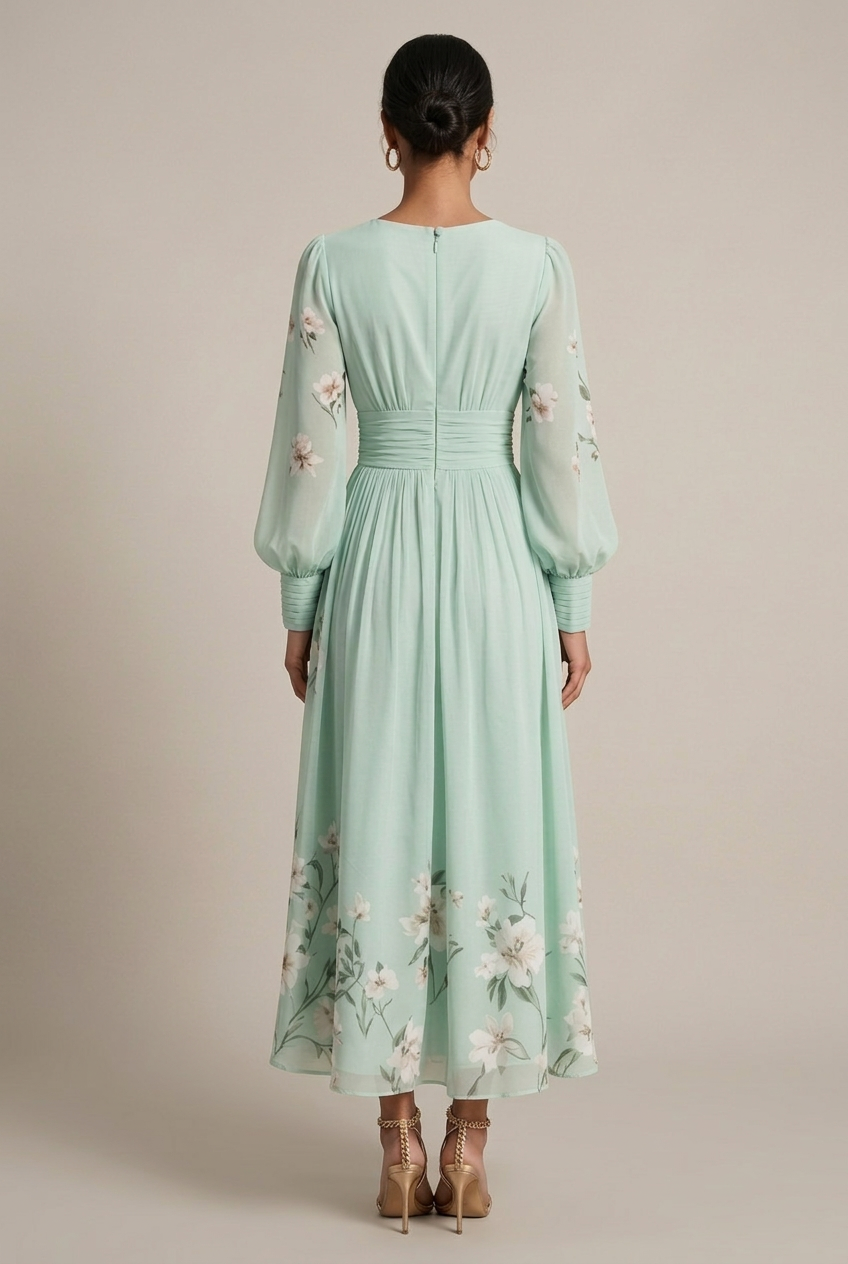 Robe maxi à manches évêque avec imprimé floral en bordure et décolleté en V pour femmes
