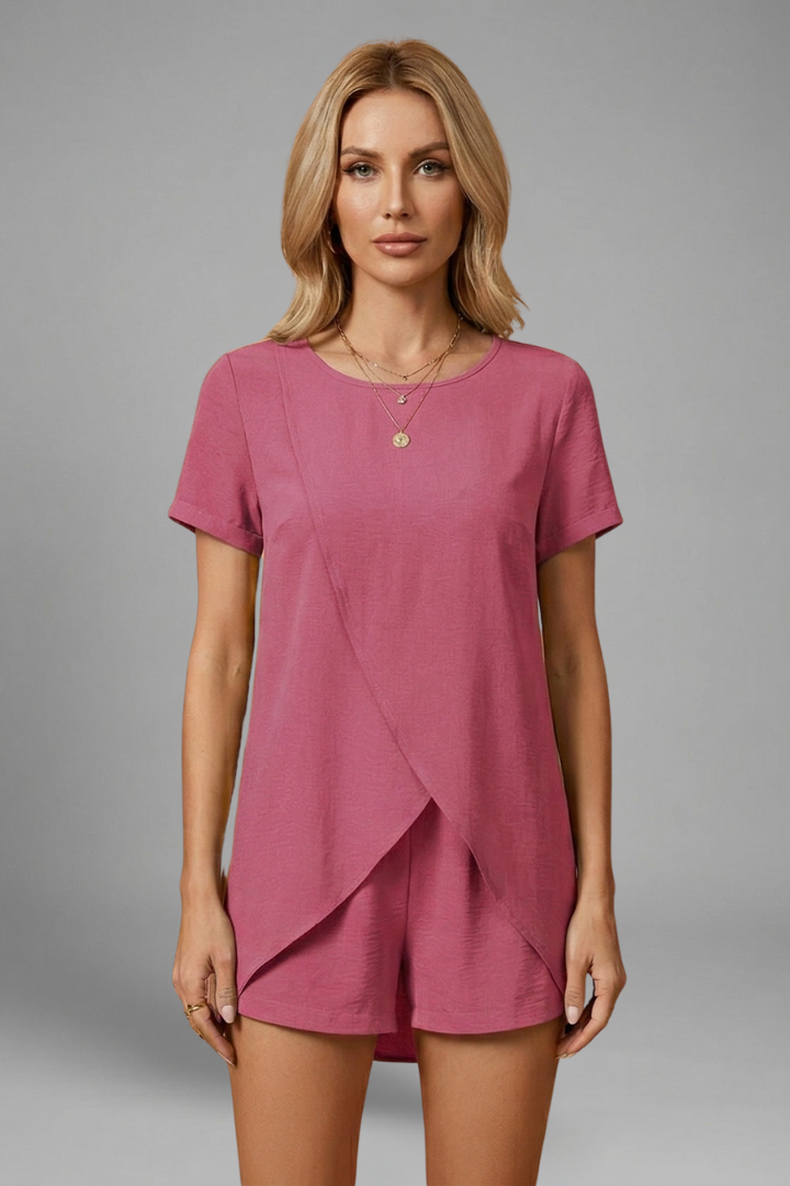 Women's Two Piece Set - Short Sleeve Crossover Top - Shorts