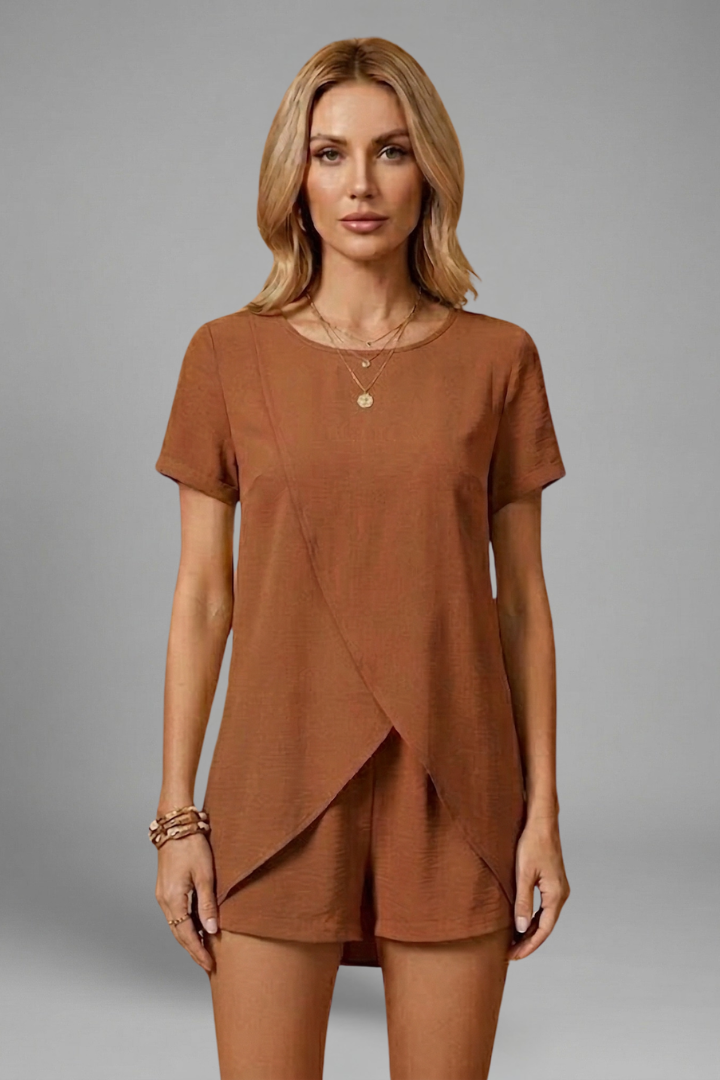 Women's Two Piece Set - Short Sleeve Crossover Top - Shorts