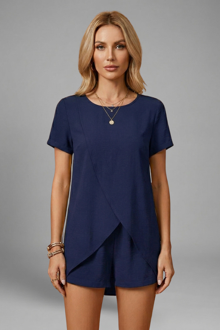 Women's Two Piece Set - Short Sleeve Crossover Top - Shorts