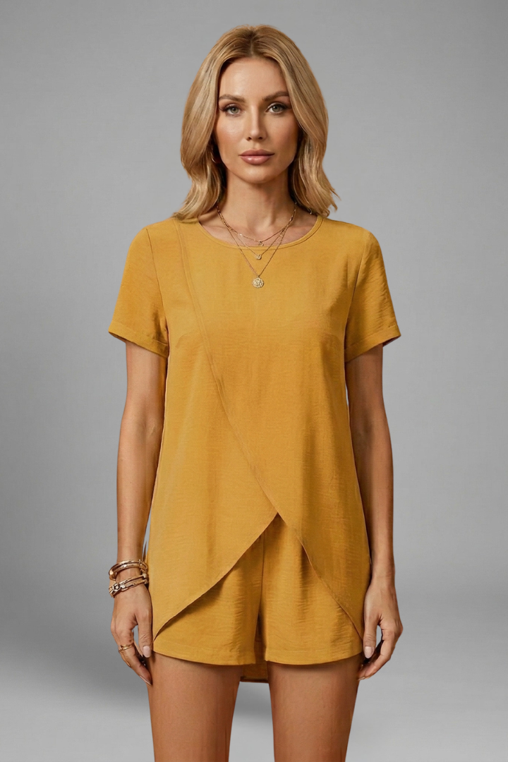 Women's Two Piece Set - Short Sleeve Crossover Top - Shorts