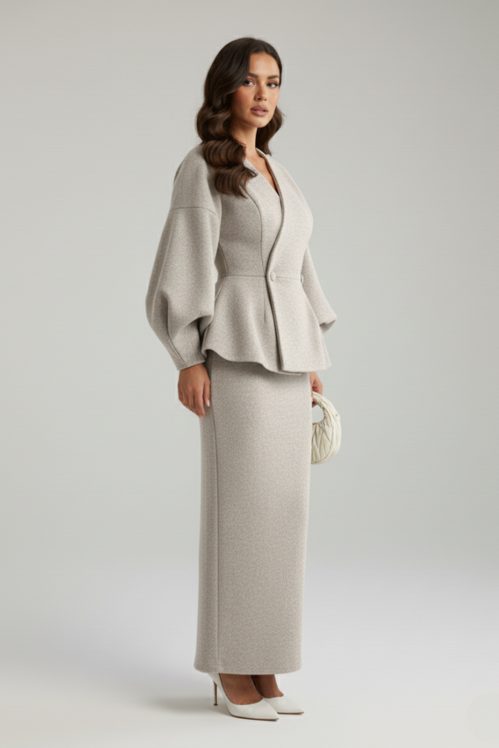 Women's V-Neck Peplum Blazer - Puff Sleeve Two Piece Skirt Suit