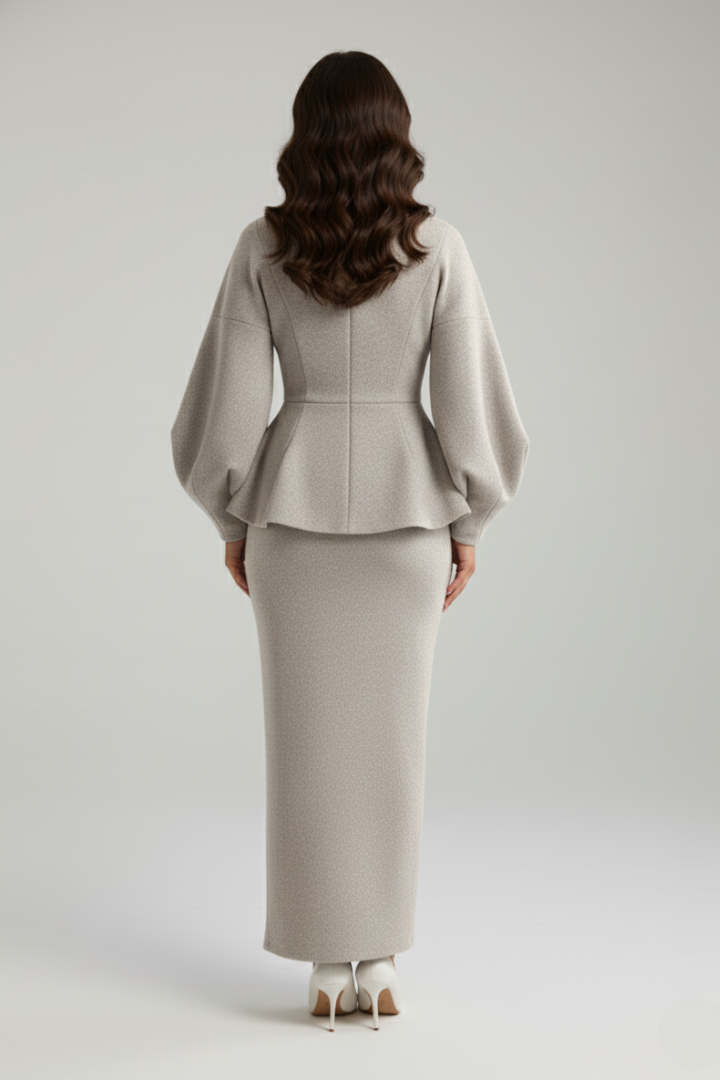 Women's V-Neck Peplum Blazer - Puff Sleeve Two Piece Skirt Suit