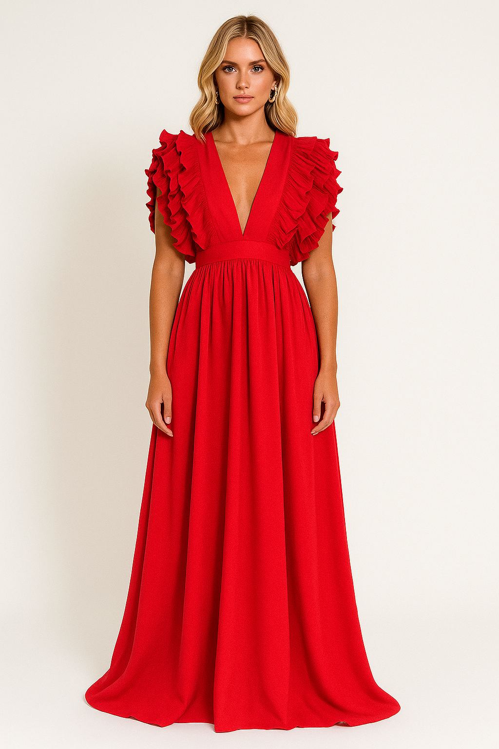 Women’s Ruffle Sleeve Maxi Dress with Plunge Neckline