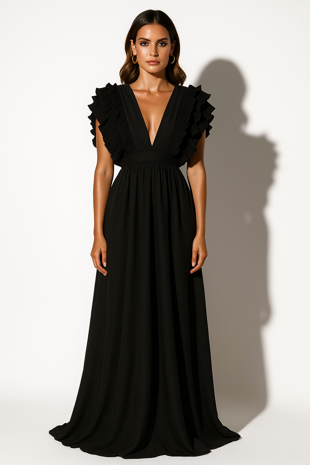 Women’s Ruffle Sleeve Maxi Dress with Plunge Neckline
