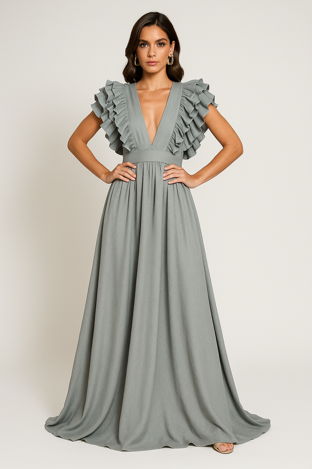 Women’s Ruffle Sleeve Maxi Dress with Plunge Neckline