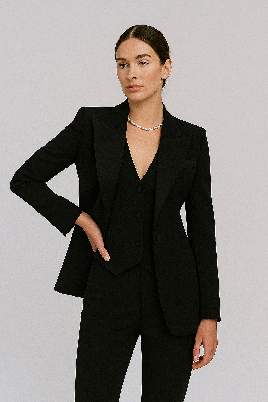 Women’s Three-Piece Suit Set with Blazer, Buttoned Vest, and Tailored Pants