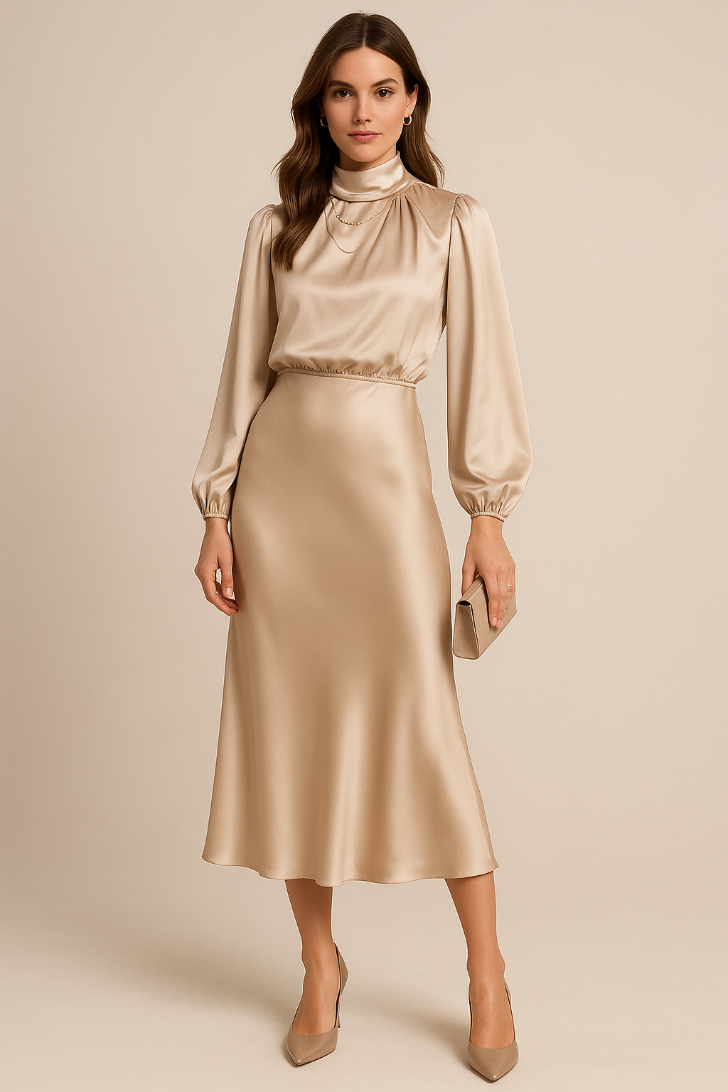 Women’s High Neck Midi Dress – Refined High-Waist Silhouette with Elegant Flow