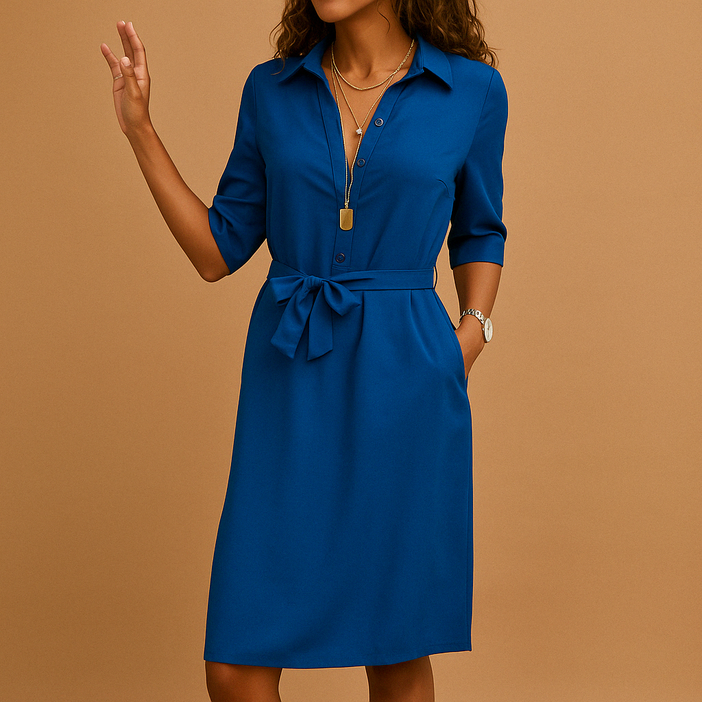 Women’s Midi Shirt Dress with Button Front and Tie Waist