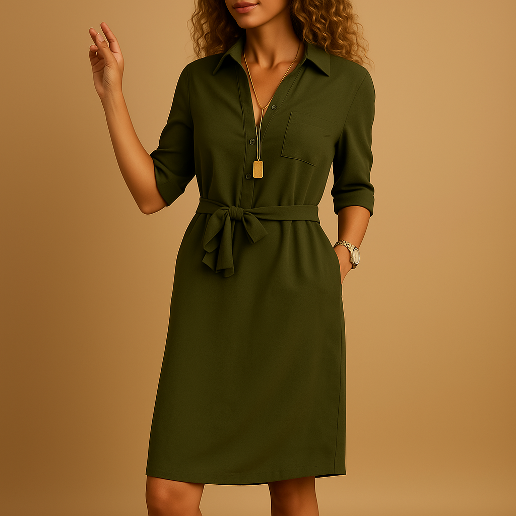 Women’s Midi Shirt Dress with Button Front and Tie Waist