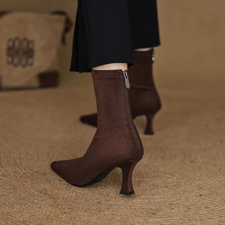 Women’s Pointed-Toe Ankle Boots with Sock-Style Shaft and Sculpted Heel