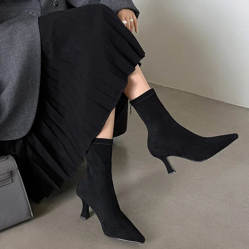 Women’s Pointed-Toe Ankle Boots with Sock-Style Shaft and Sculpted Heel