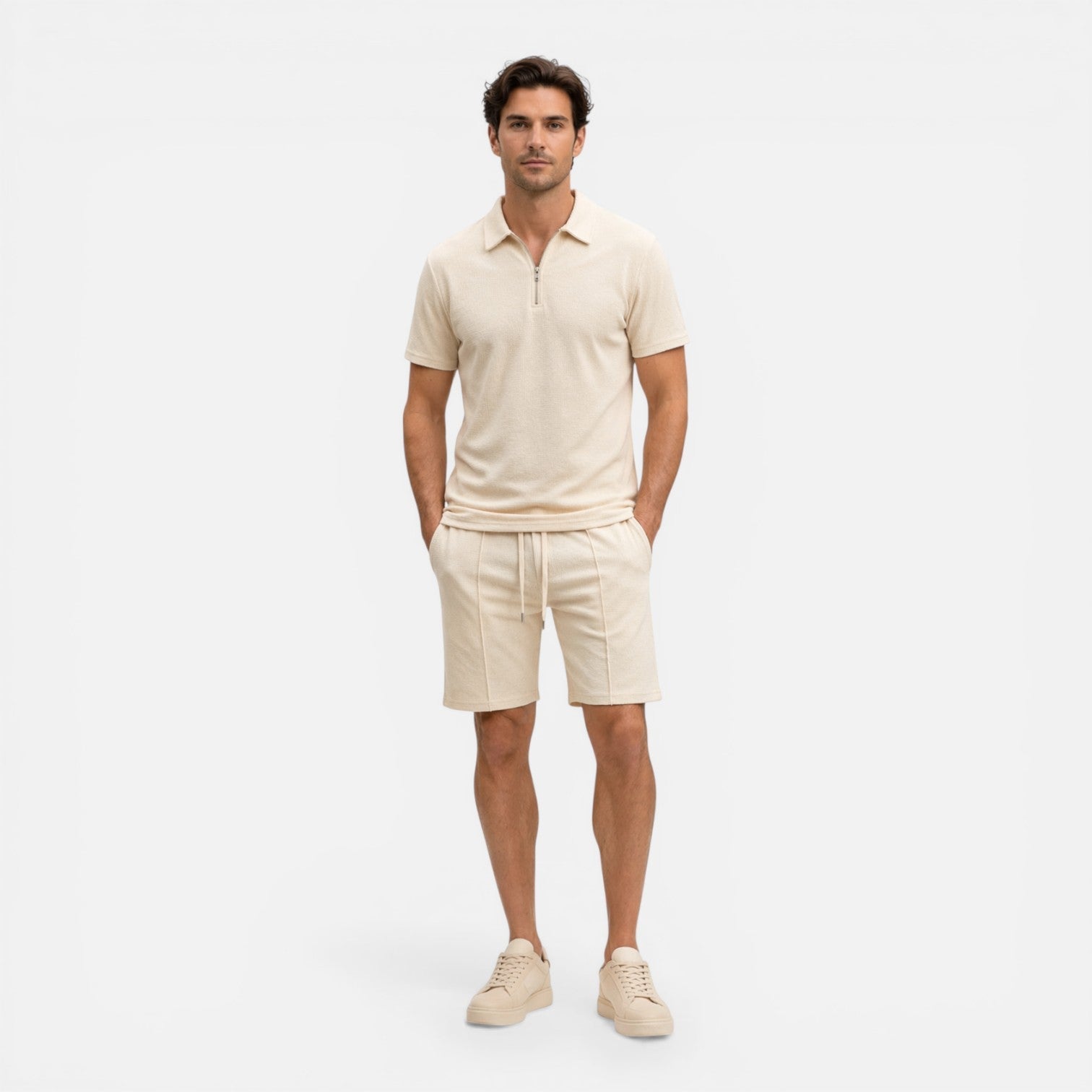 Men's Textured Zip Polo - Drawstring Shorts Two Piece Set