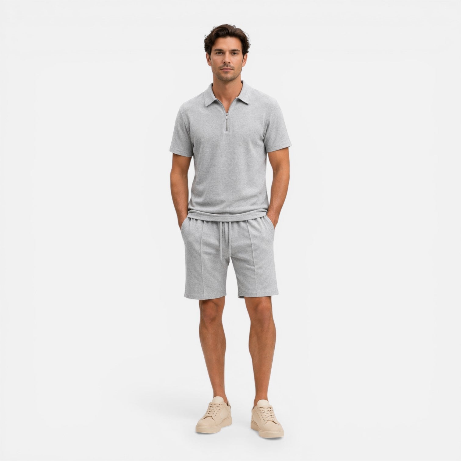 Men's Textured Zip Polo - Drawstring Shorts Two Piece Set