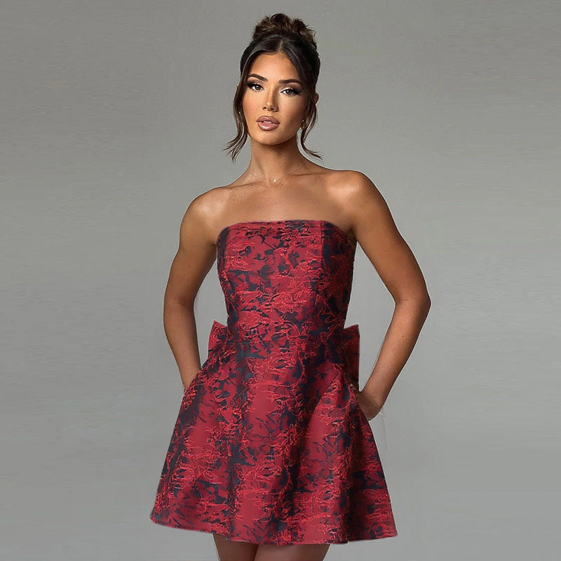 Women's Mini Dress Strapless Bow Detail Jacquard A-Line