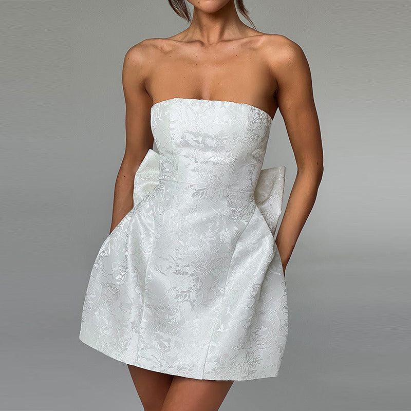 Women's Mini Dress Strapless Bow Detail Jacquard A-Line
