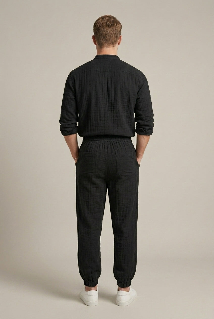 Men's Linen Two Piece Set - Long Sleeve V-Neck Henley Shirt and Jogger Pants with Drawstring