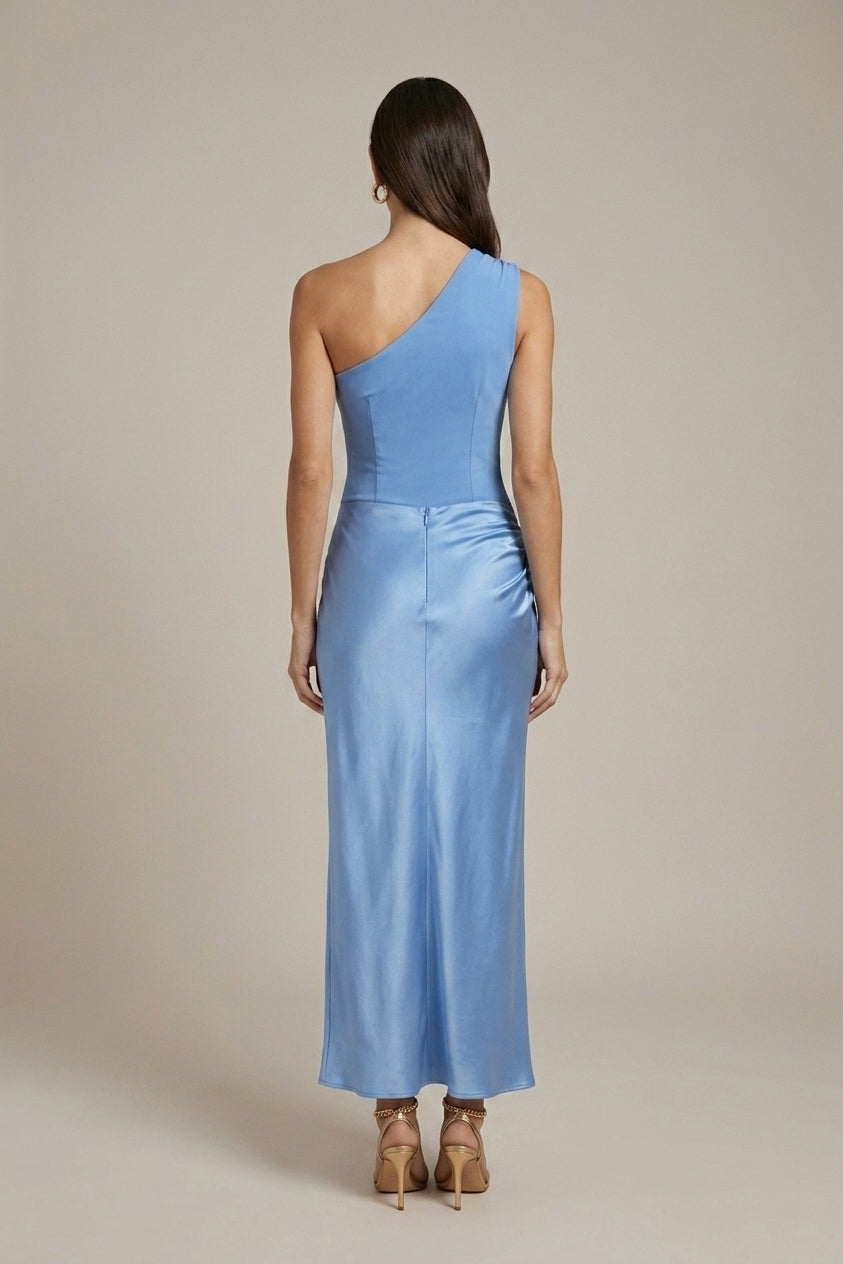 Women's One-Shoulder Satin Pleated Formal Maxi Dress