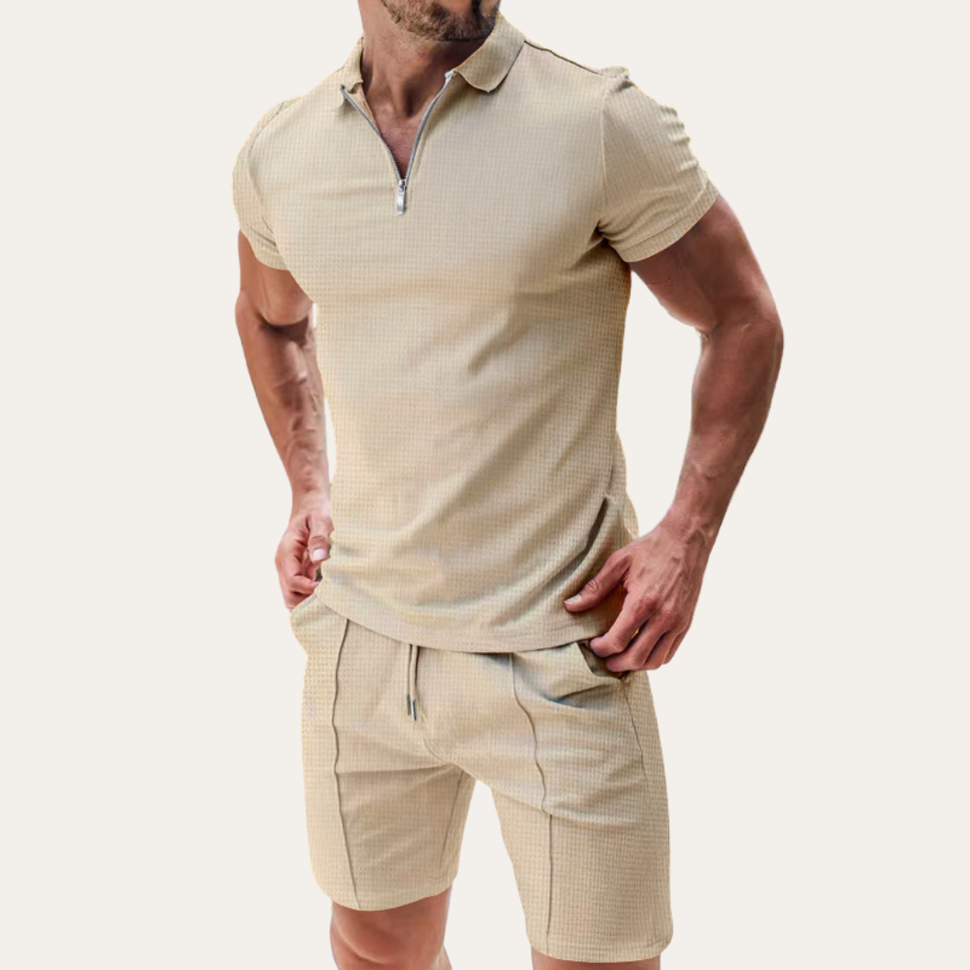 Men's Textured Polo Shirt Short Set - Zip Collar Two Piece