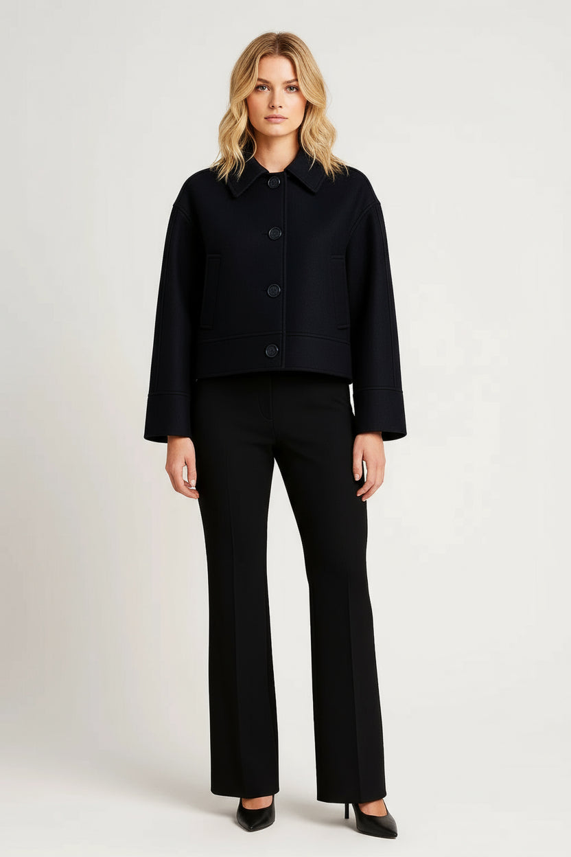 Women’s Short Minimalist Jacket – Structured Button-Up Design, Lined and Warm