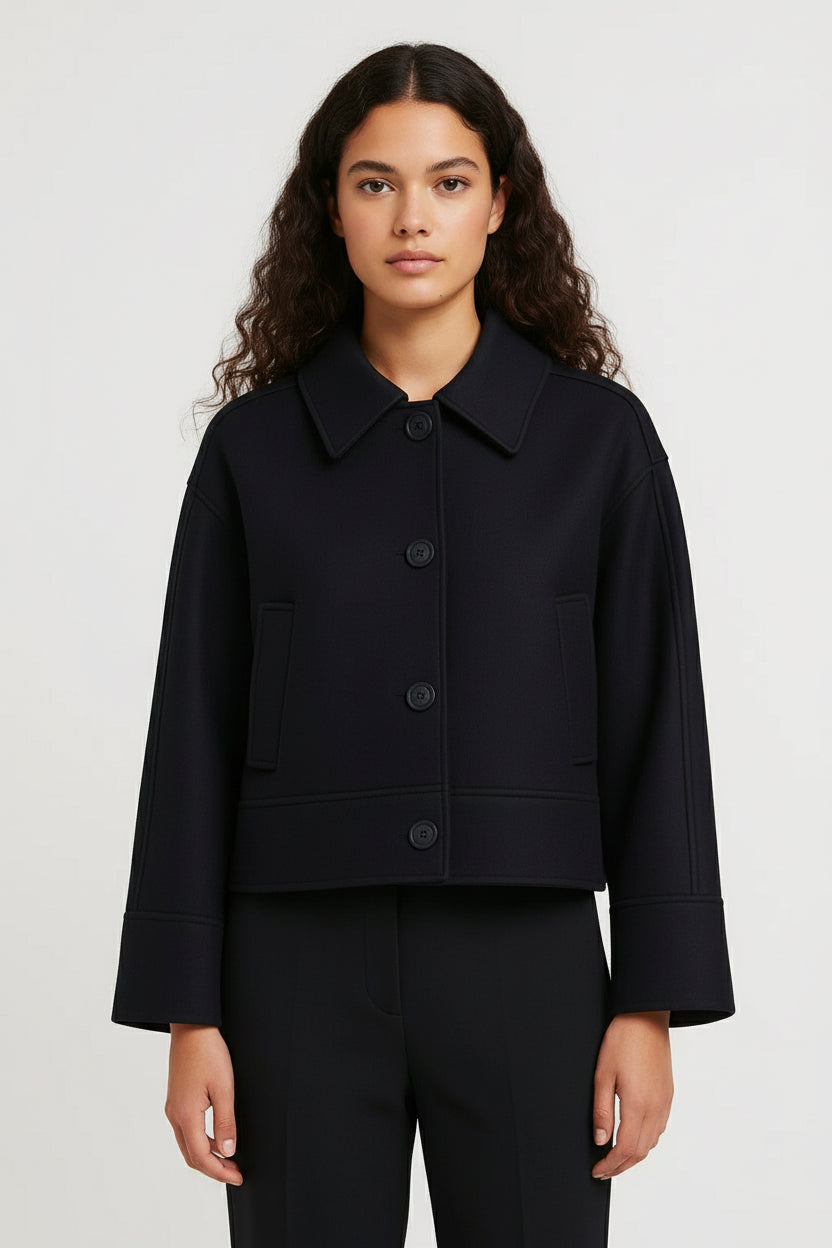 Women’s Short Minimalist Jacket – Structured Button-Up Design, Lined and Warm