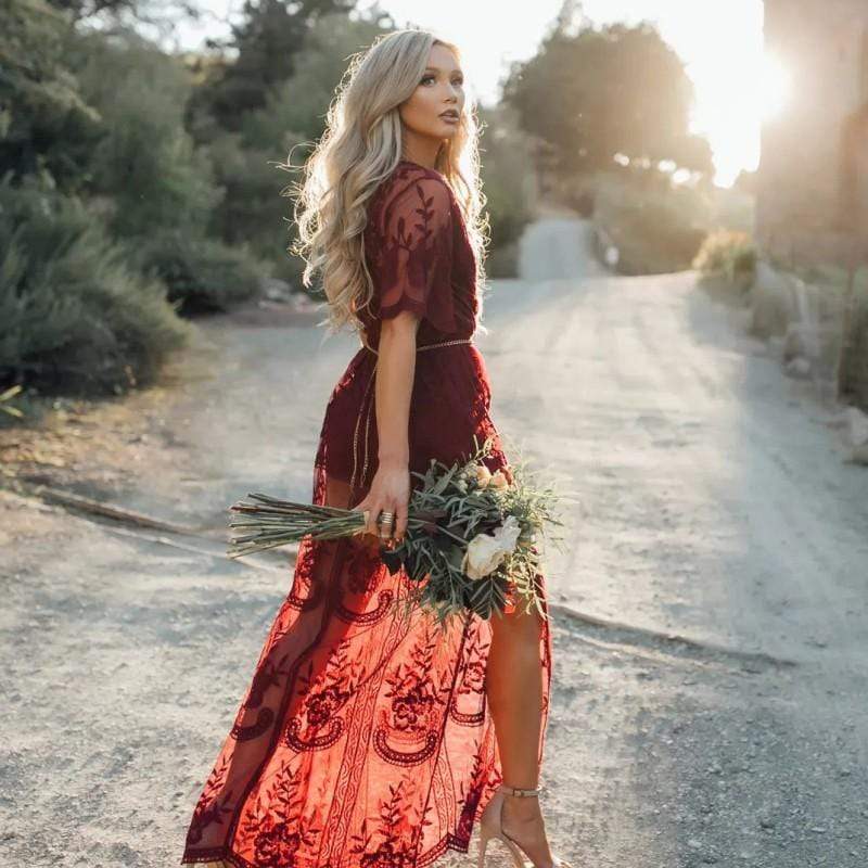 Women’s Boho Lace Maxi Dress – Romantic Sheer Overlay with Elegant Silhouette