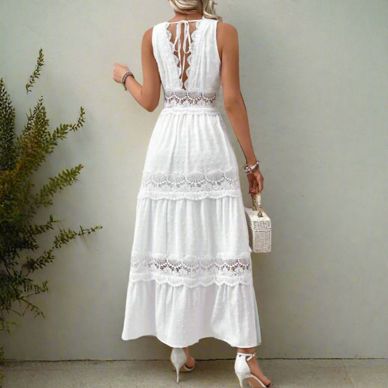Women’s Sleeveless Maxi Dress with V-Neck and Lace Panel Detailing