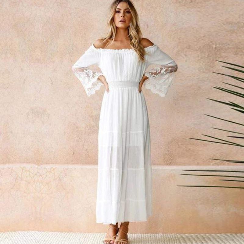 Boho Off - Shoulder Lace Maxi Dress – Flowing Beach - to - Evening Silhouette