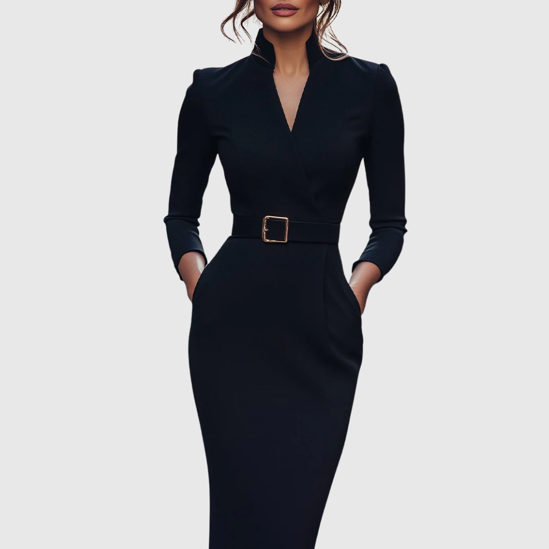 Women’s Refined Belted Midi Dress with Tailored Silhouette for Elegant Occasions