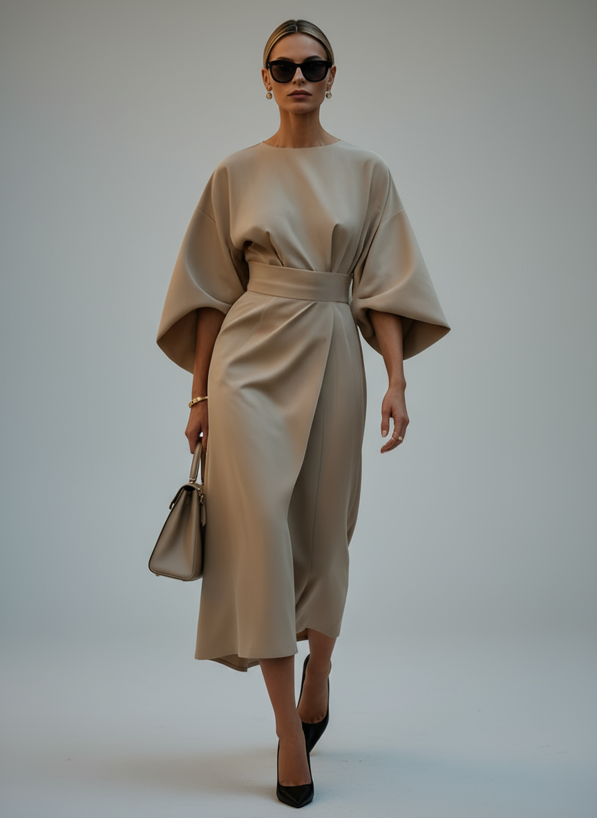 Women’s Flowy Belted Maxi Dress – Elegant Wide-Sleeve Design