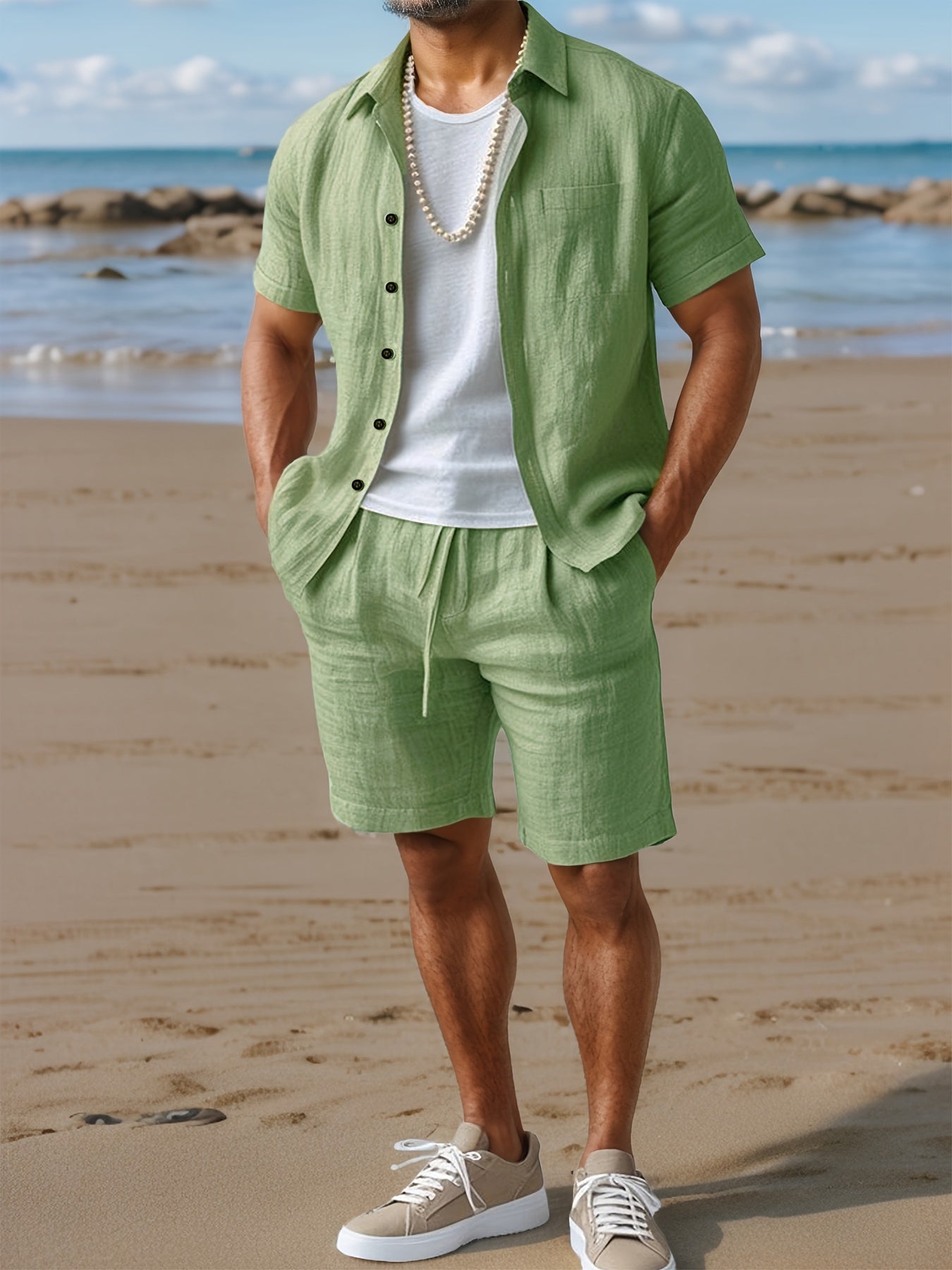 Men's Linen Short Sleeve Button Up Shirt - Drawstring Shorts Set