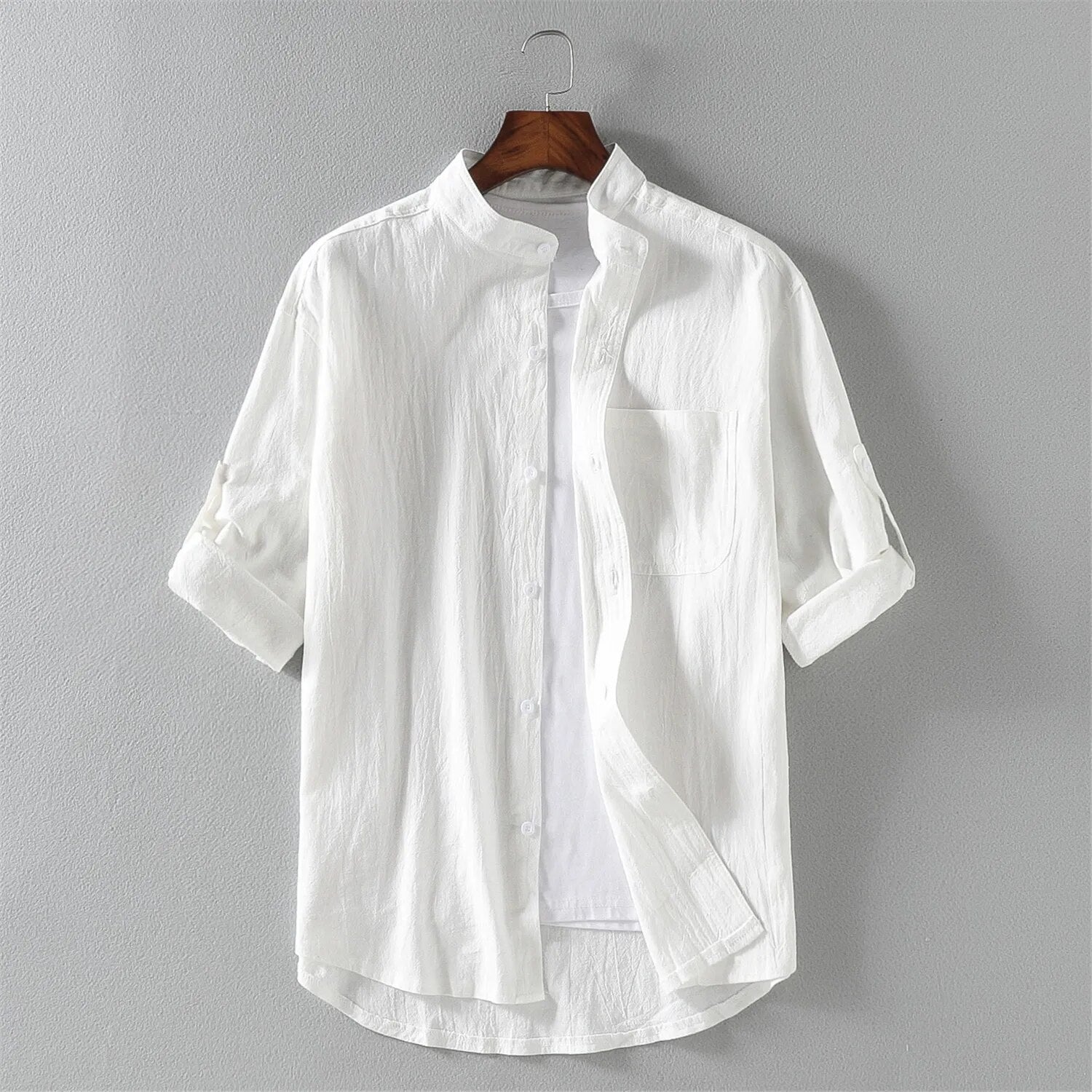 Men's Shirt Linen Blend Button-Down Roll-Up Sleeves Stand Collar