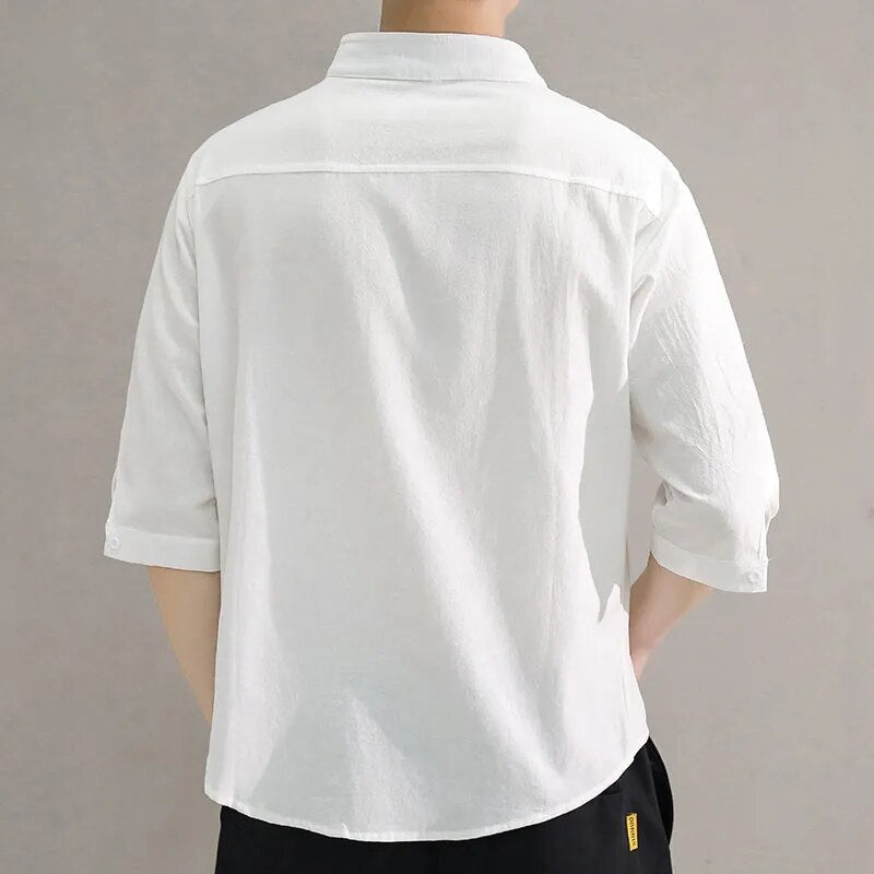 Men's Shirt Linen Blend Button-Down Roll-Up Sleeves Stand Collar