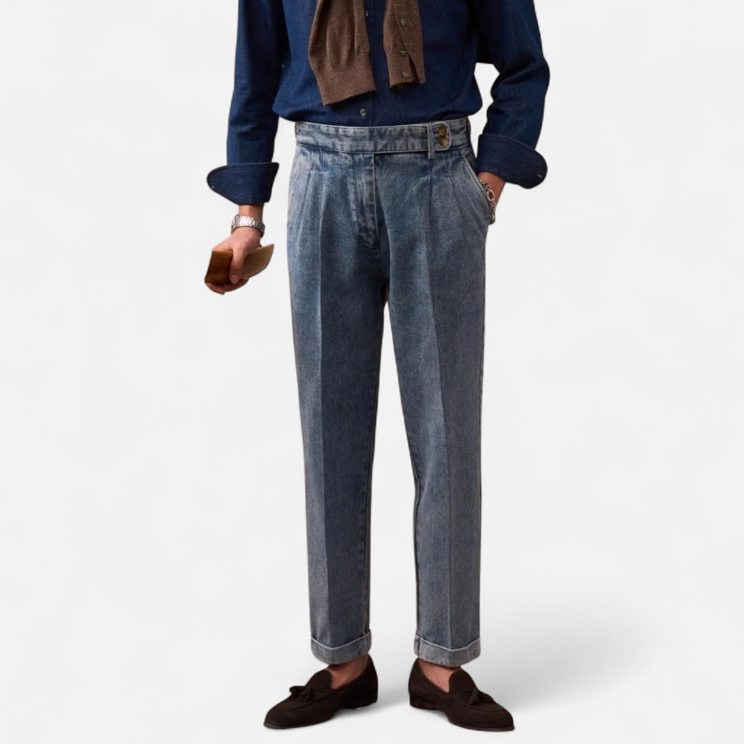 Men’s Vintage Straight-Leg Jeans with High Waist and Classic Tailored Fit