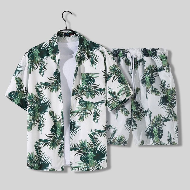 Men’s Two-Piece Summer Shirt and Shorts Set – Relaxed Tropical Print Style