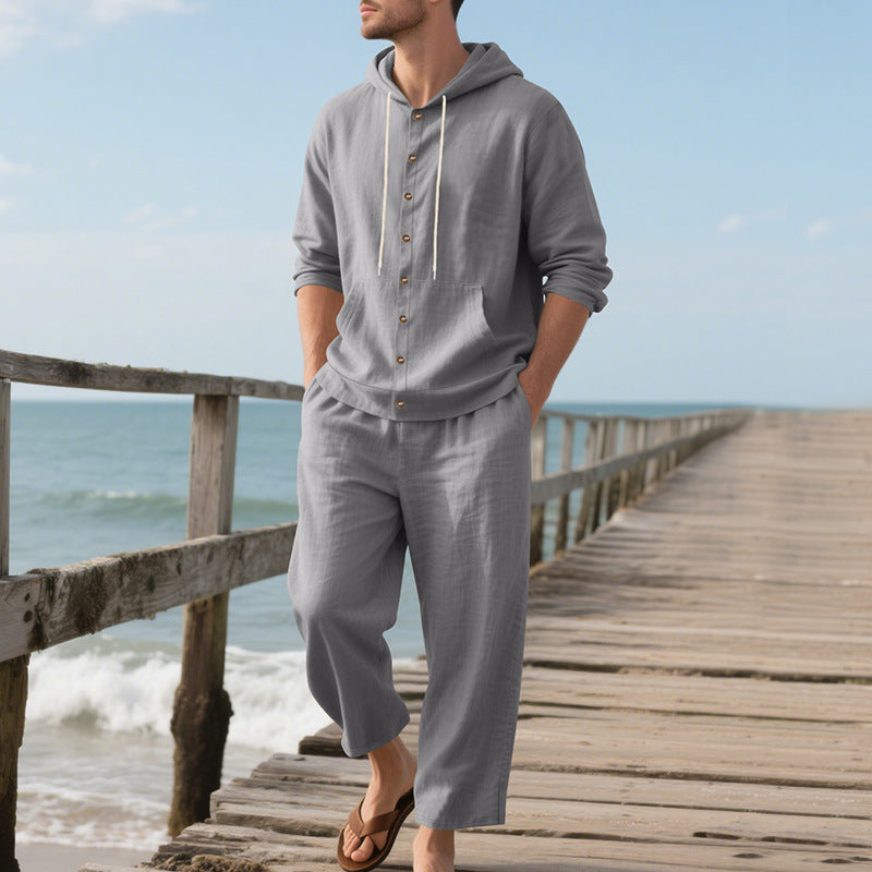 Men's Linen Two Piece Set - Long Sleeve Hooded Button-Up Shirt and Drawstring Pants
