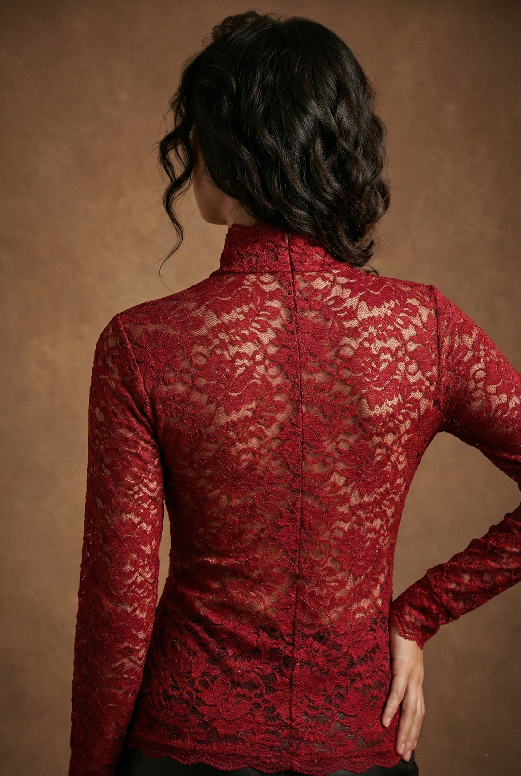 Women’s Long Sleeve High Neck Lace Blouse with Floral Pattern