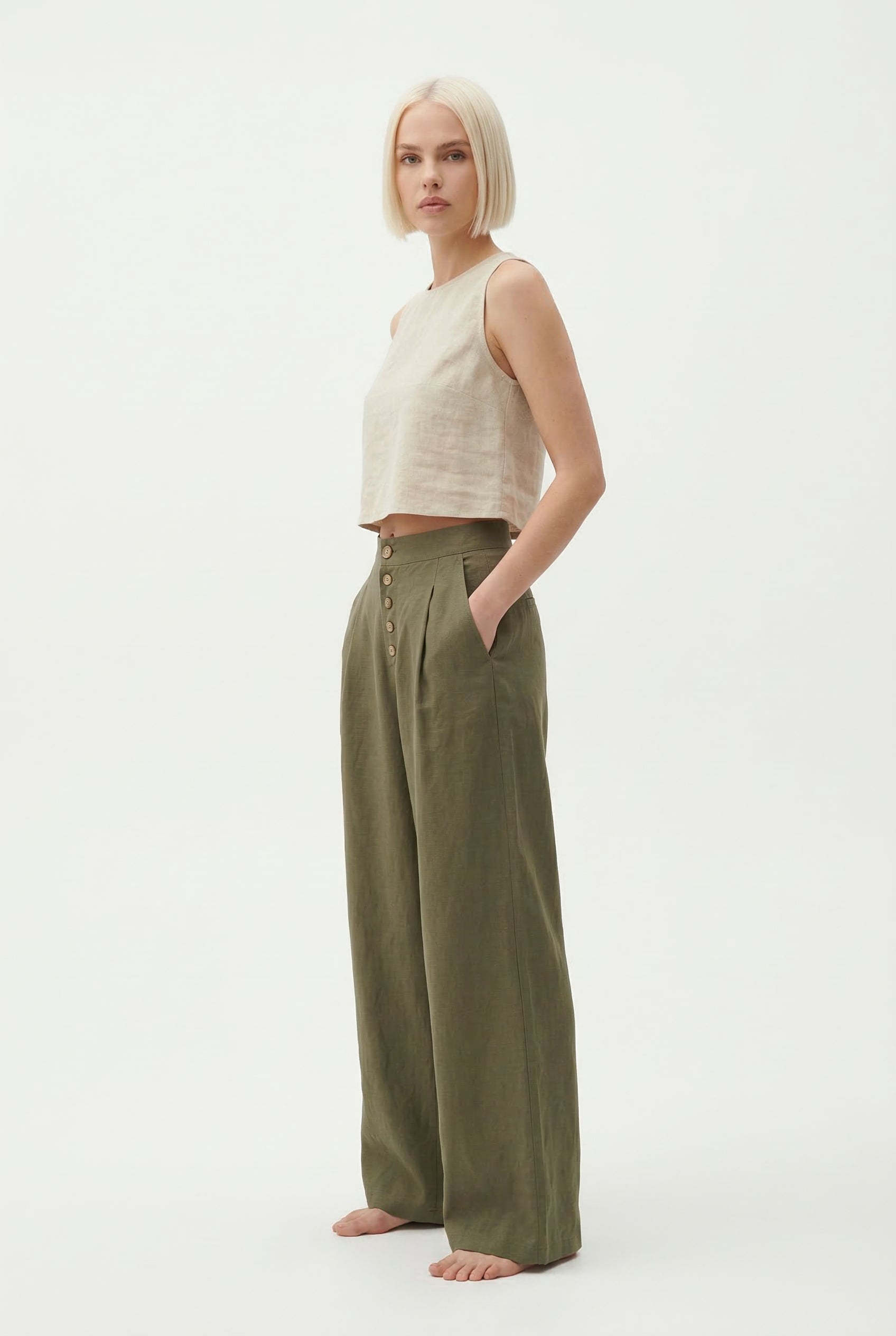 Pantalons larges en mélange de lin à boutons avec poches taille haute pour femmes