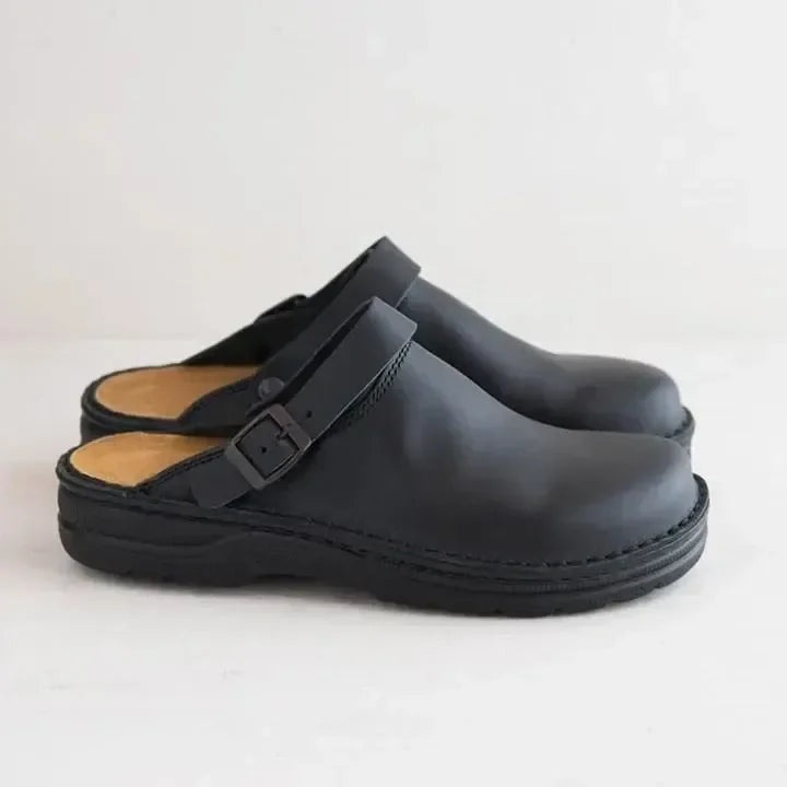 Men's Leather Slip-On Clogs with Buckle Strap