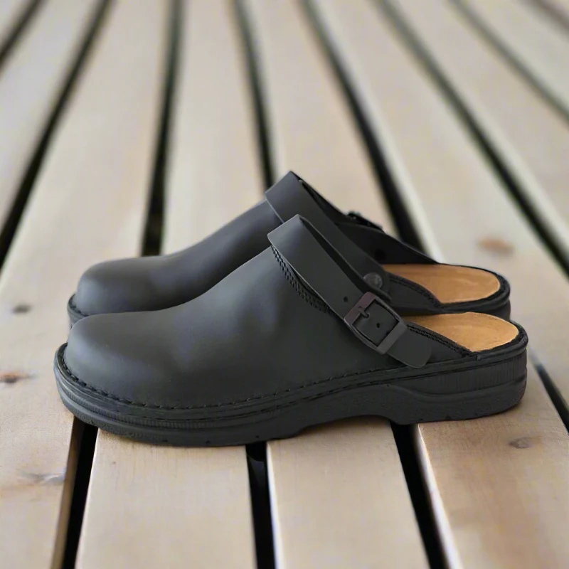 Men's Leather Slip-On Clogs with Buckle Strap