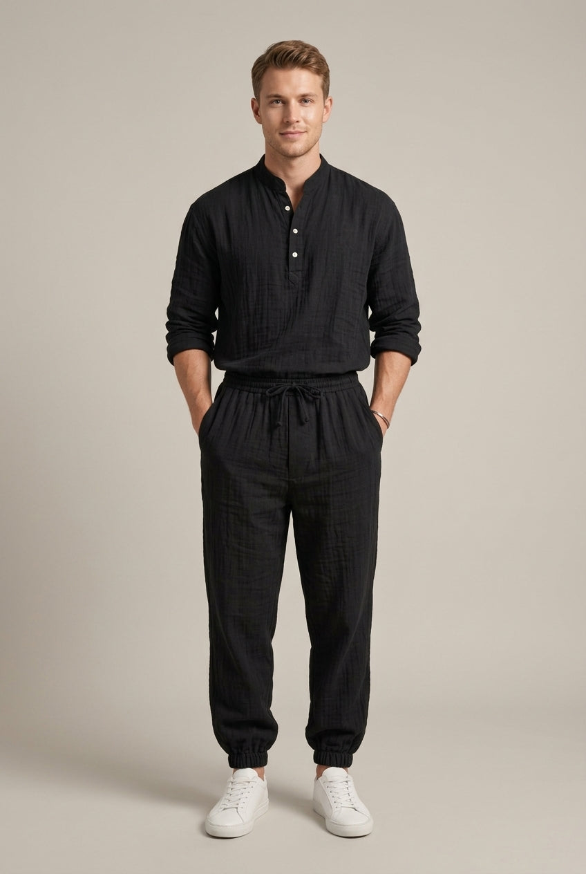 Men's Linen Two Piece Set - Long Sleeve V-Neck Henley Shirt and Jogger Pants with Drawstring