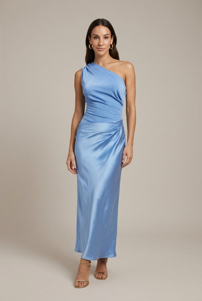 Women's One-Shoulder Satin Pleated Formal Maxi Dress