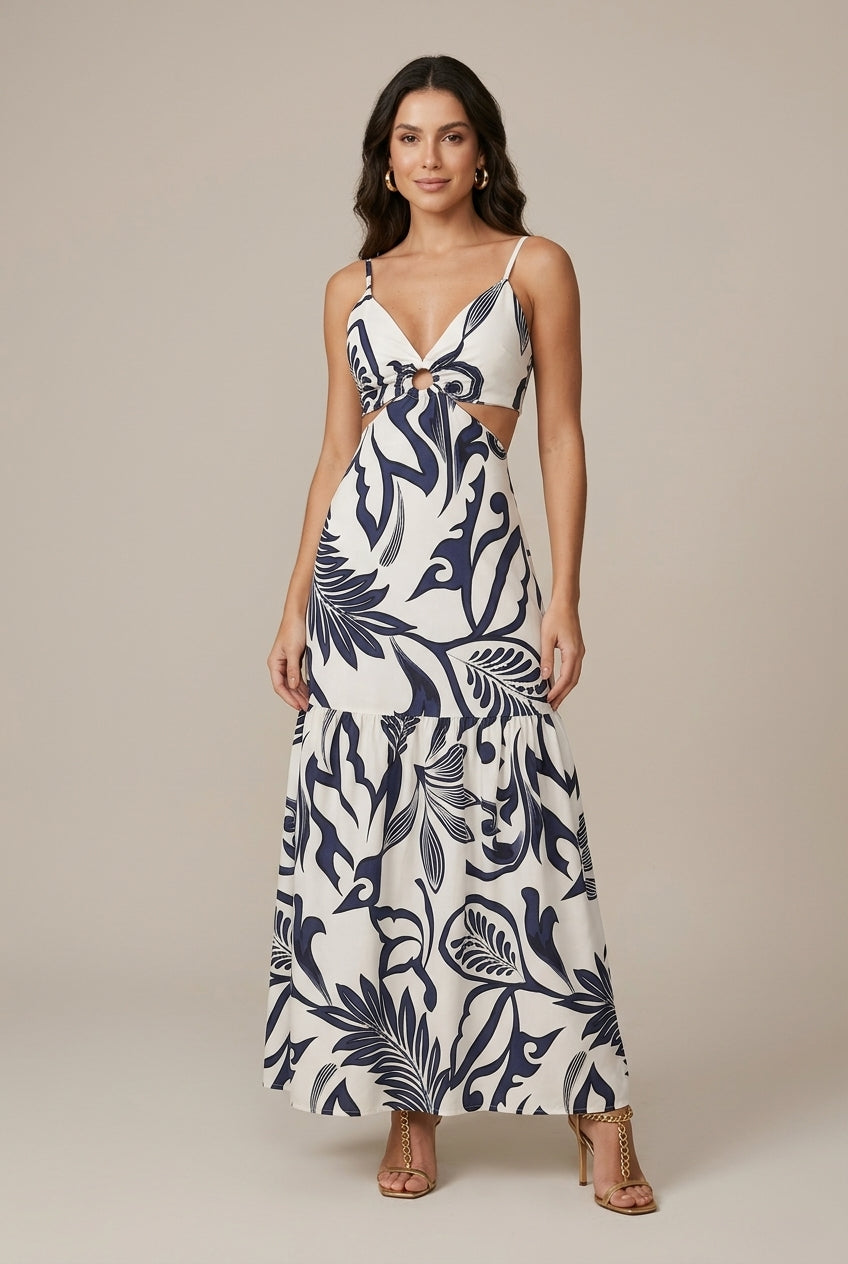 Women's Floral Print Waist Tie Maxi Dress