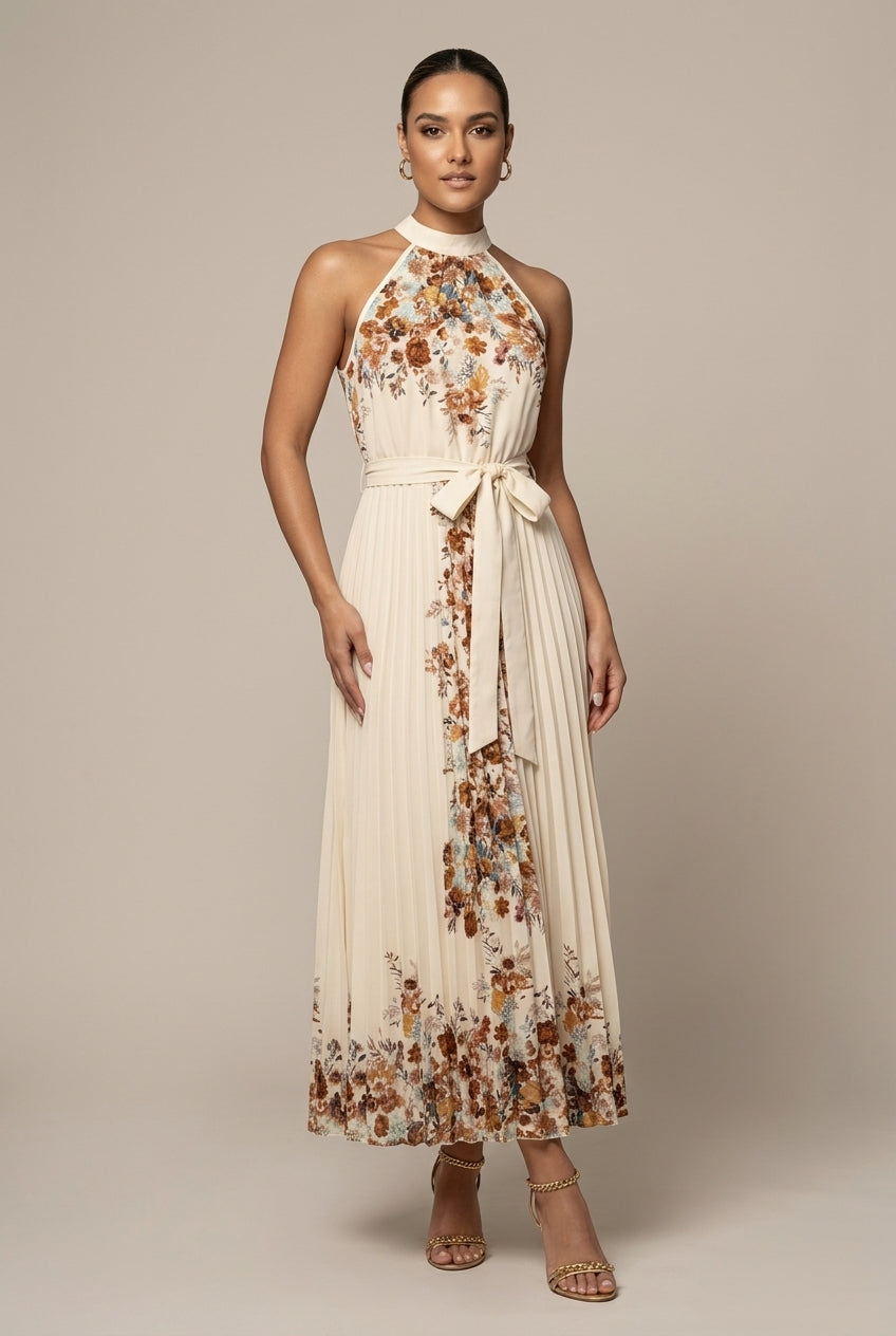 Women's Maxi Dress Floral Print Pleated Tie Waist Sleeveless