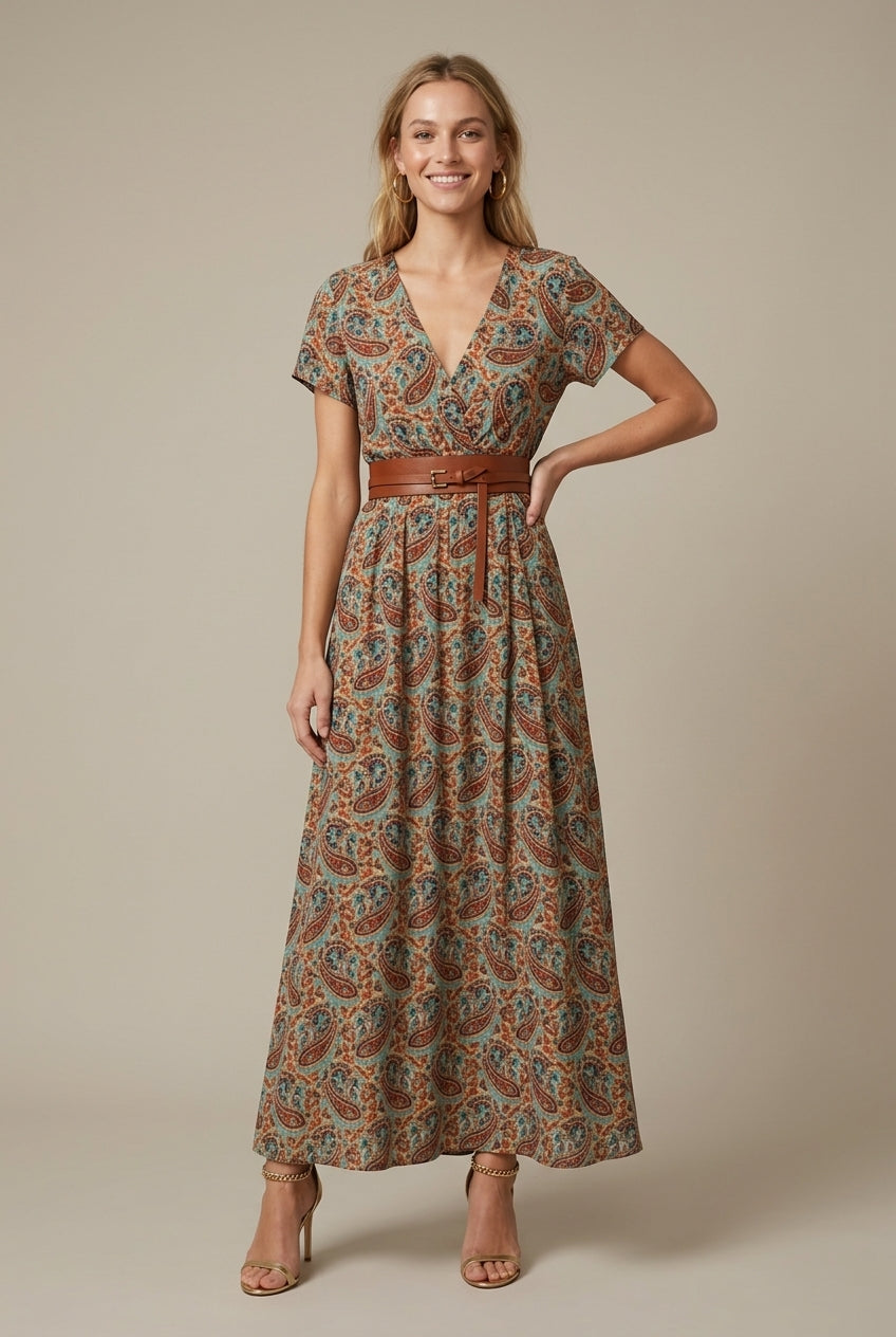 Women's Floral Maxi Dress - V Neck Short Sleeve A-Line